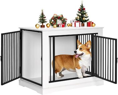 BEWISHOME Клітка для собак, 81 см, Біла, з 3 дверцятами, для дому, з функцією столику, для маленьких/середніх собак, EMGL03W