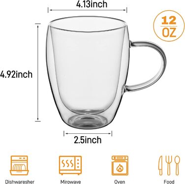 Набір 4 склянки для кави з подвійними стінками, 350 мл, з ручкою, з боросилікатного скла, для лате макіато, капучино, молока, чаю