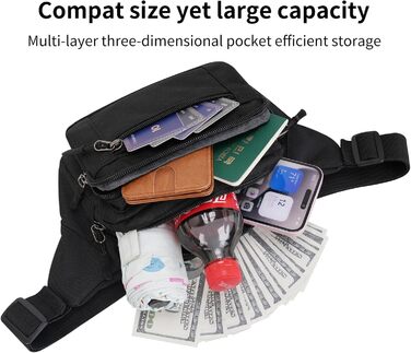 Чоловіча/жіноча поясна сумка-бананка з 5 відділеннями, водонепроникна, для подорожей, прогулянок з собакою та активного відпочинку, чорна