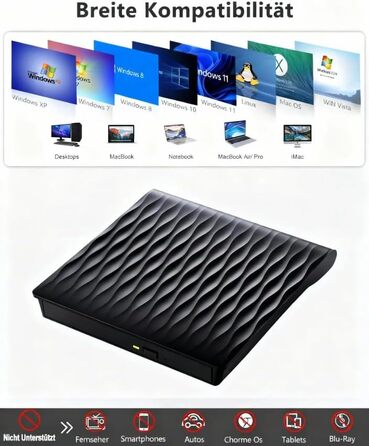 Зовнішній DVD/CD привід DANGZW USB 3.0 Type-C, портативний DVD-брунер та плеєр для ноутбука та ПК, сумісний з Windows, MacOS, Linux (чорний глянцевий)