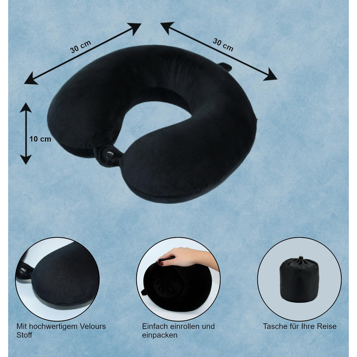 Подушка для шиї Essentials з піною з пам'яті (100%) - U-подібна, з м'яким велюровим чохлом - для подорожей, авто, літака, офісу та дому (Чорна)