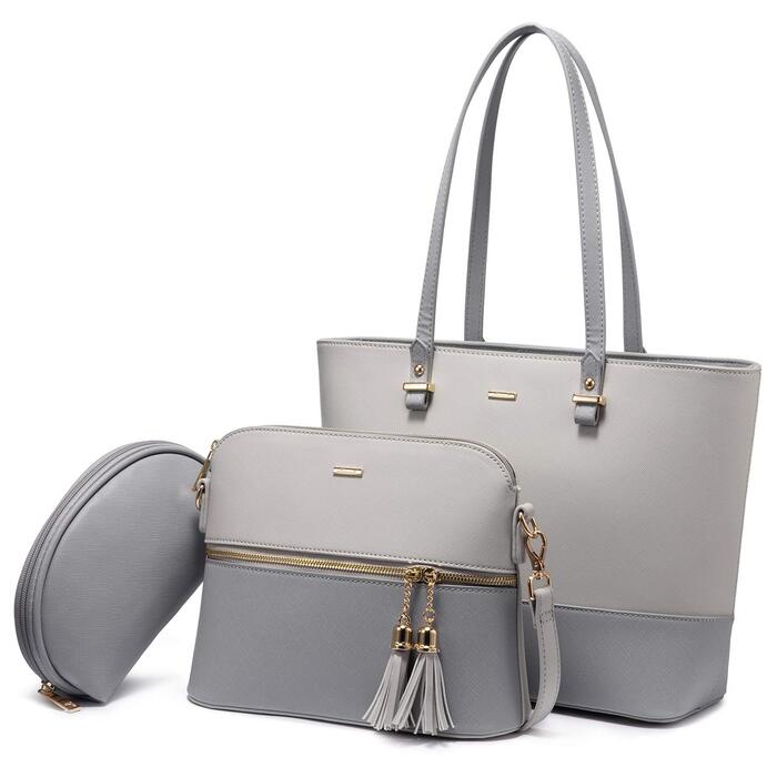Сумка жіноча LOVEVOOK шопер, комплект 3 в 1, шкіра, сіро-темно-сіра
