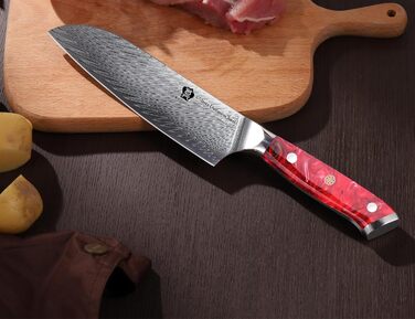 Ніж кухонний WILDMOK Santoku 17 см, професійний японський ніж з дамаської сталі VG10, червона рукоятка