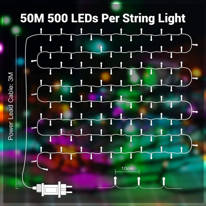 Гірлянда світлодіодна зовнішня 100 метрів, 1000 LED, святкова, вологостійка IP44, 8 режимів, для декорування дому, вечірки, ялинки, балкону, тераси (кольорова, 50м500LED)