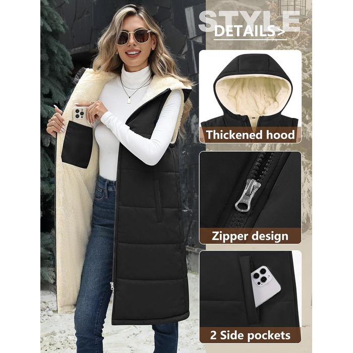 Жіноча довга жилетка Vancavoo з капюшоном на осінь/зиму: степкова, без рукавів, з флісовою підкладкою, тепла, чорна, розмір L