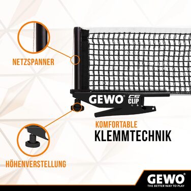 Сітка для настільного тенісу GEWO CS Clip - міцна металева сітка з регулюванням висоти, чорна, 152,5 см