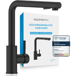 Кухонний змішувач Bächlein Varvaro – поворотний на 360° з висувним шлангом та душем, матовий чорний