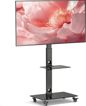 BONTEC Mobile TV Stand with Wheels for 30-70 inch Plasma, LCD, LED TVs - VESA 600x400, Adjustable Height & Glass Shelves