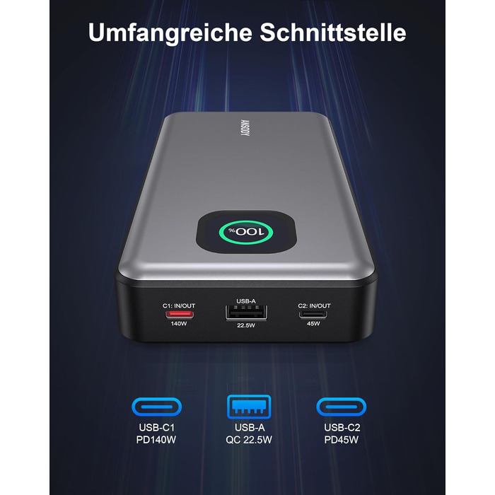 Powerbank 140W, 25000mAh з цифровим дисплеєм, PD3.1 для ноутбуків, MacBook, iPad, iPhone, Switch, Steam Deck (Срібний)