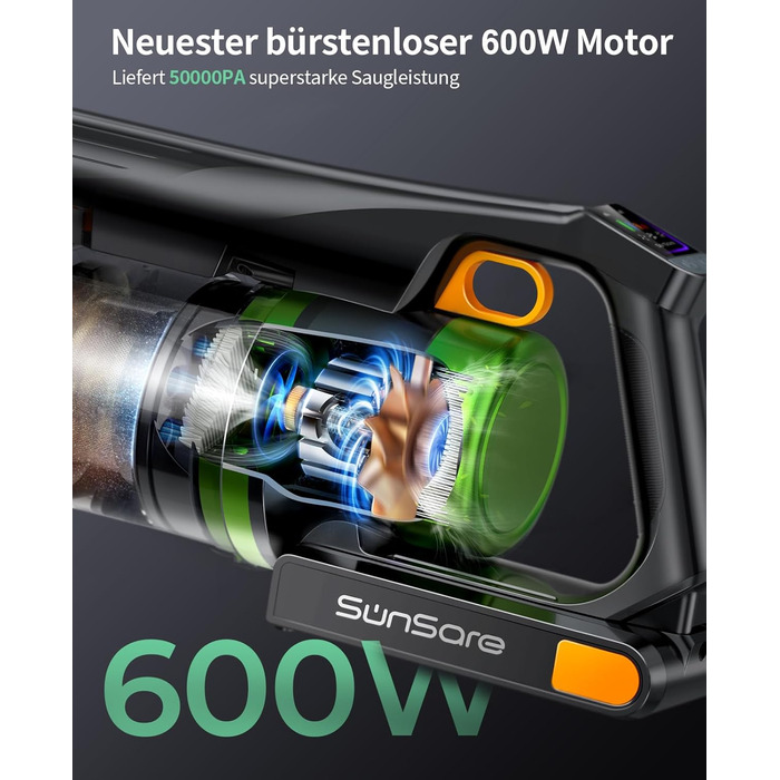 Акумуляторний бездротовий пилосос SunSare 600W з HD-дисплеєм, ароматерапією та захистом від намотування волосся. Ідеальний для тварин, килимів, твердих підлог та авто.