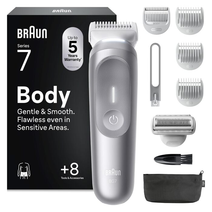 Триммер для тіла Braun Bodygroomer Series 7 BG7555 сірий, акумуляторний, водонепроникний, 8 насадок + кейс