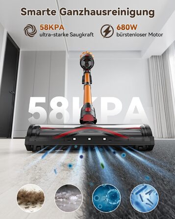 Акумуляторний вертикальний пилосос TechRise 58KPA 680W, LED-дисплей, 3 смарт-режими, антинамотування та фільтр 8-в-1, для килимів, твердих підлог та шерсті тварин, чорно-золотий