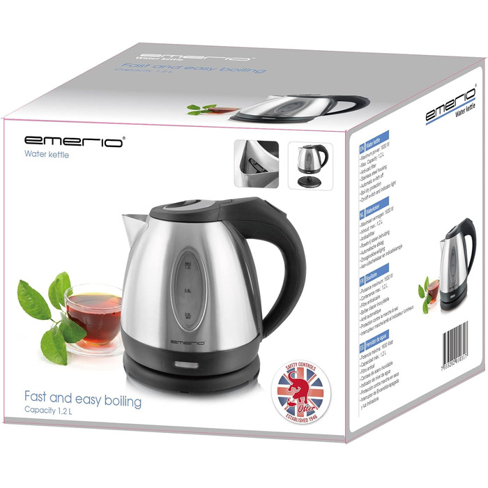 Електричний чайник EMERIO з об'ємом 1.7 л, 2200 Вт, блакитна LED-підсвітка, поворотна база 360°, з боросилікатного скла, без BPA, WK-119988.7 (1,2 нержавіюча сталь)