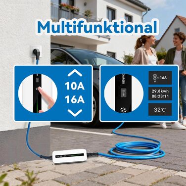 Кабель для зарядки електромобіля Тип 2, 10/16A, 6м, 220-240V, 3.6kW, з дисплеєм, Schuko, IEC 62196-2