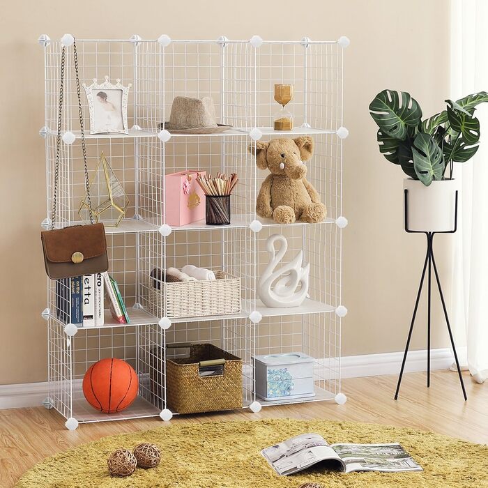 SONGMICS Grid Panel Shelf, Storage System, Cube Shelf, Set of 12 Cubes, for Shoes, Books, Living Room, Bedroom, Expandable, 31 x 93 x 123 cm, White LPI34W