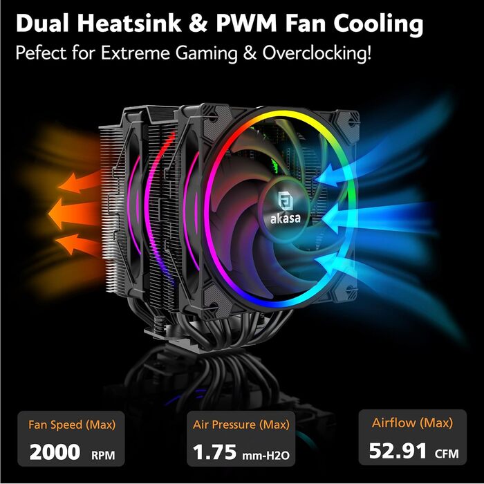 Akasa SOHO H4 Plus: Охолоджувач CPU з RGB підсвічуванням, 120мм вентилятор, мідні теплові трубки, 185W TDP, термопаста, чорний колір, підтримка Intel LGA 1851/20XX/1700/1200/115X та AMD AM4/AM5 Ryzen