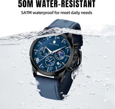 Годинник чоловічий BENYAR Chronograph, аналоговий кварц, водонепроникний, з датою. Елегантний аксесуар для бізнесу та повсякденного стилю. Прекрасний подарунок для чоловіків (синій ремінь/блакитне циферблат)