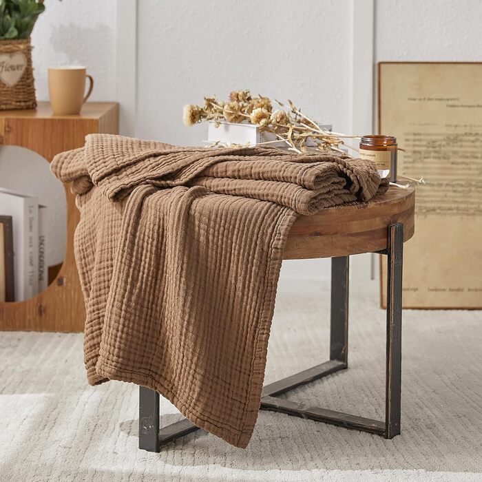 Плед EMME Baumwolldecke з 100% мусліну: м'який, дихаючий плед для дорослих, софа, крісло, всі сезони, бавовна, бежевий (127 x 177 см)