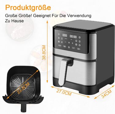 Фритюрниця повітряна XXL 8 літрів | 10-в-1 Airfryer | Розумна фритюрниця | Без олії | Цифровий LED-дисплей | 1500W | Чорний