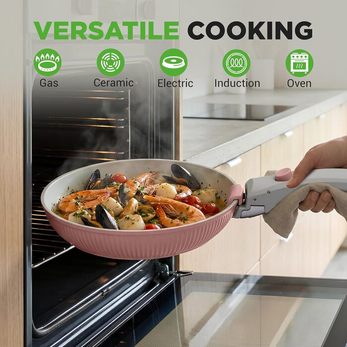 Набір посуду NutriChef 18 предметів з керамічного покриття, знімні ручки, без PTFE, антипригарний, економний, для духовки та плити, колір кремовий