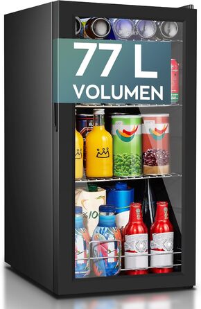 Міні-холодильник Heinrich's з скляними дверцятами: компактний, тихий (40dB), LED-підсвітка, для офісу, кемпінгу, саду, 77 літрів, 3 полиці