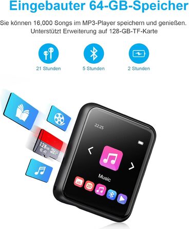 MP3 плеєр 32GB Bluetooth 5.0 з сенсорним екраном, Hi-Fi звук, радіо, диктофон, металевий корпус (Чорний)