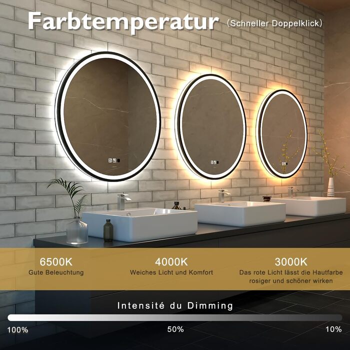 LED дзеркало з сенсором, круглий, індукційне, для макіяжу, з підсвічуванням, регульоване, антизапарник, водонепроникне IP44, для ванної кімнати, настінне, діаметр 70 см