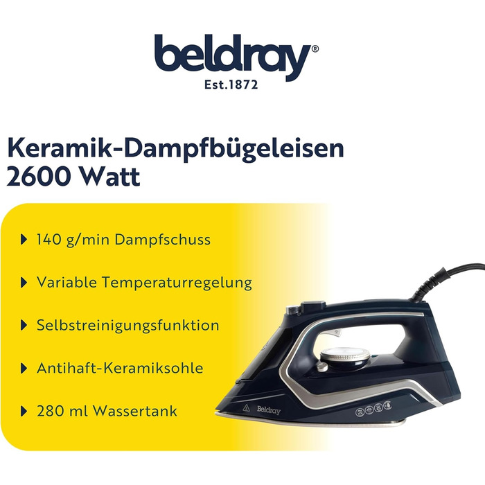 Праска Beldray 2600 Вт з керамічною підошвою з антипригарним покриттям, регулюванням температури та подачі пари, функцією самоочищення, резервуаром для води 280 мл, парою до 140 г/хв, висока потужність, шнур живлення EU