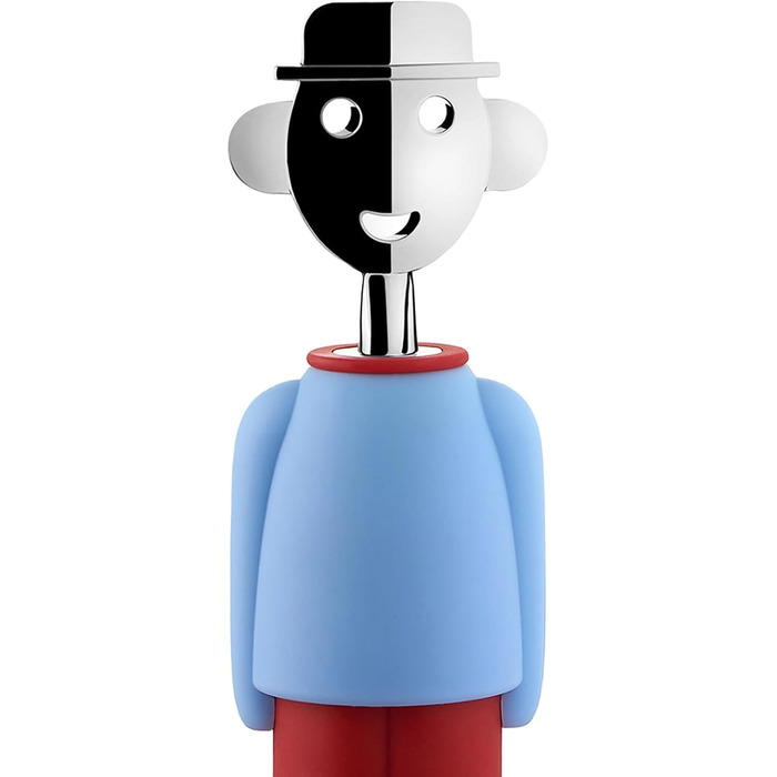 Alessi AM23 LAZR Corkscrew made of thermoplastic resin, light blue and red, and chrome-plated Zamak