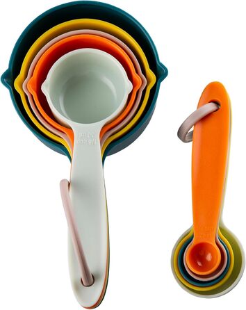 Measuring cups and spoons, plastic, measuring cups and spoons for baking and kitchen use, engraved metric/US markings for liquid and dry measurement, BPA-free, colorful measuring cups and spoons