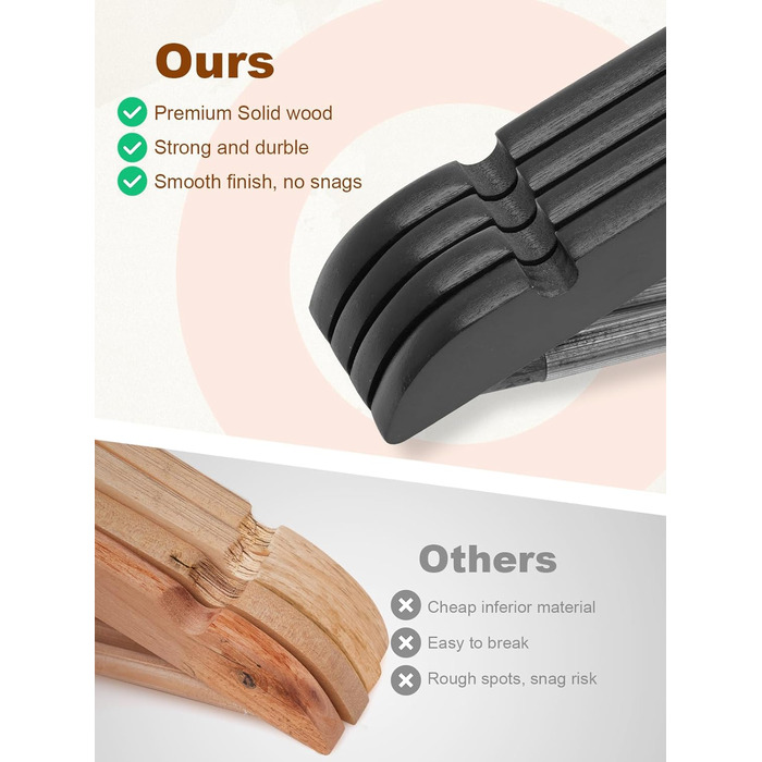 Дерев'яні вішалки для одягу HOUSE DAY, 20 шт., чорного кольору, широкі (44,5 см), з натурального дерева, обертаються, для сорочок, костюмів та курток