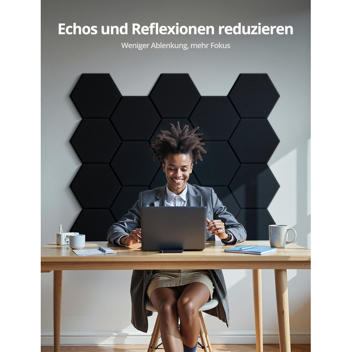 Акустичні гексагональні панелі самоклеючі, 12 шт. Поглинач звуку для студії, вітальні, геймерської зони та офісу, чорні, 30 x 26 x 0,9 см