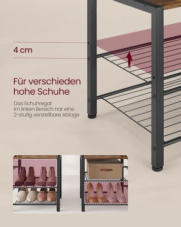 VASAGLE Coat Rack with Shoe Bench, Coat Rack, 5 Shelf Levels made of Particleboard, 9 Triple Hooks, 6 Side Hooks, 40 x 120 x 190 cm, Stone Gray-Ink Black HSR426B04 (Vintage Brown + Ink Black)