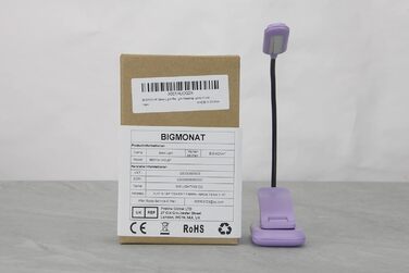 Ліхтарик для читання BIGMONAT з USB зарядкою, кліпсою, 6 LED, 3 режими світла, регульована яскравість, гнучкий на 360° фіолетовий