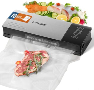 Портентум Вакуумний пакувальник для продуктів харчування з 10 безкоштовними пакетами – Вакуумний апарат для їжі – Фольгопакувальник з потужним всмоктуванням та корпусом з нержавіючої сталі, Чорний