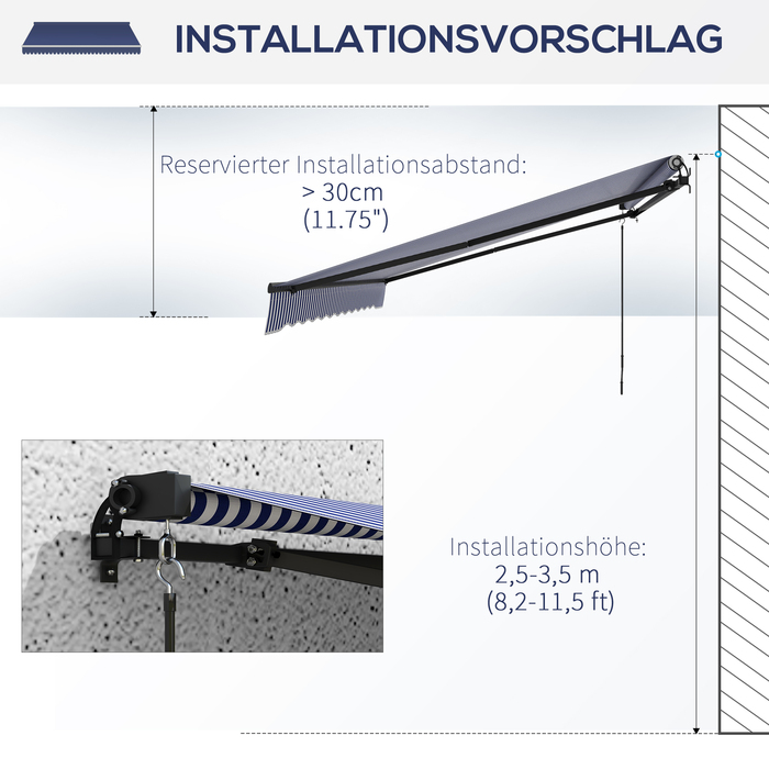 Outsunny Awning 4x3m Wall Mount Balcony Awning with Hand Crank, Sun Protection, Aluminum, Blue+White | Aosom