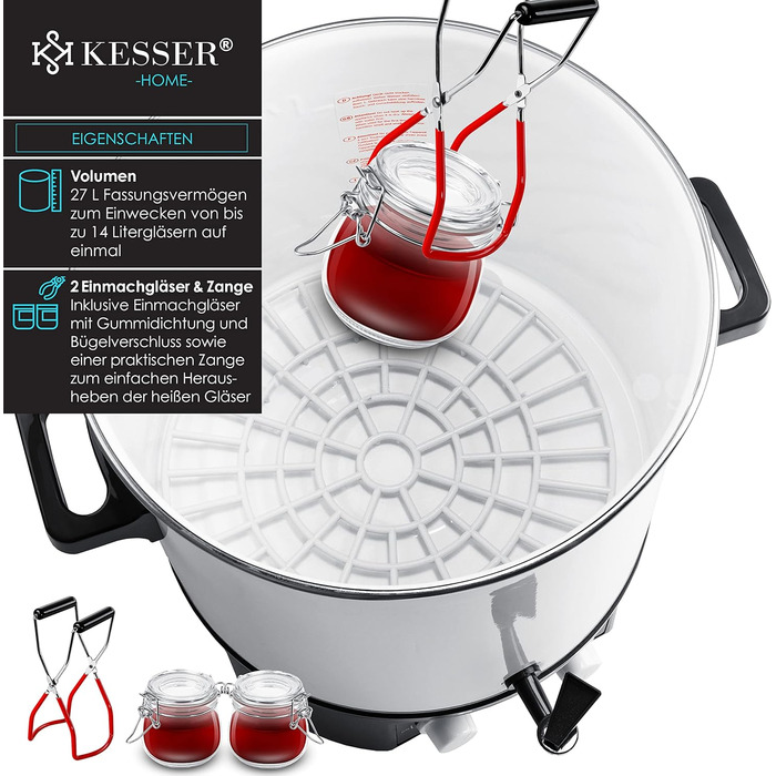 KESSER Canning Machine 27 Liter, Stainless Steel | 1800 Watt | Temperature range 30-100°C | Continuous operation | Automatic shut-off Canning machine, hot beverage machine, mulled wine pot with tongs & 2 glasses