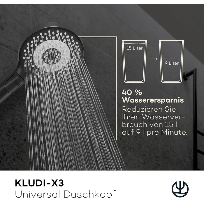 KLUDI-X3 Universal Shower Head with Hose, Shower Spray Optional - Water-Saving with 3 Spray Patterns (Body, Hair, Skin), Easy-to-Clean Shower Head Ø 11.7 cm, Shower Hose 1.60 m (3 Spray Patterns, Matte Black)