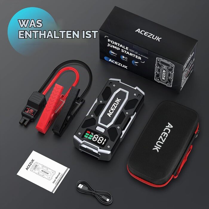 Бустер для автомобіля ACEZUK 6000A — Пусковий пристрій (Powerbank) 12V для бензинових (до 7.0L) та дизельних (до 5.5L) двигунів, з LED-ліхтарем та цифровим дисплеєм для авто, SUV, мотоциклів