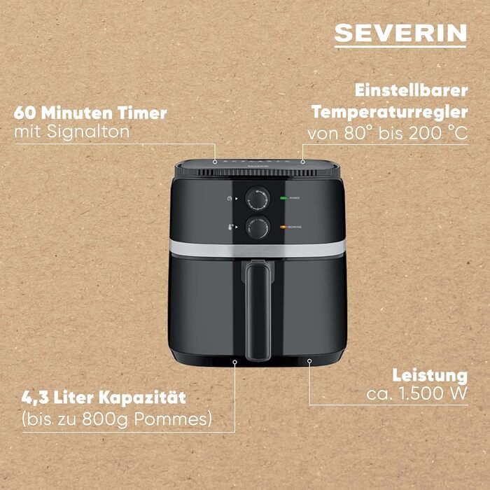 Аерофритюрниця SEVERIN FR 2452, 5 л, 1500 Вт, без жиру, антипригарна, чорна/срібляста, для здорового приготування