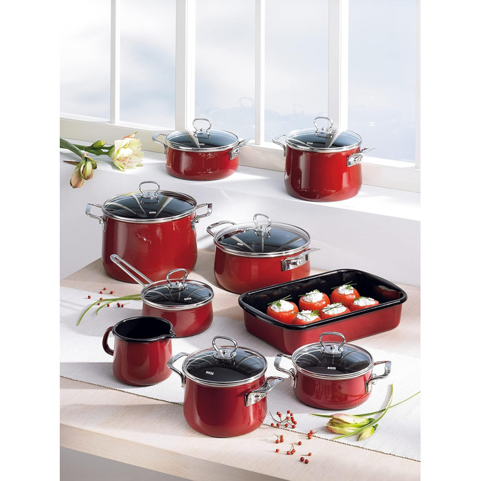 Riess, 0543-020, Flötenkessel Plus, CLASSIC - COLOR ROT, Diameter 18 cm, Height 21.7 cm, Capacity 2 liters, Enamel, 3-fold enamelled, red/black, Induction 21.7 cm Red