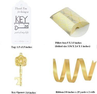Makhry 50-Piece Vintage Key Bottle Openers Wedding Key Skeleton Key Bottle Openers Wedding Guest Gifts Set with Pillow Boxes and Label (Antique Gold)