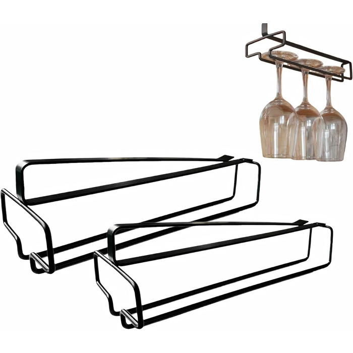 Підвісна тримач для келихів Bitcoraje (2 шт.), стійка для келихів, полиця для келихів без свердління, чорний - для кухні, бару, ресторану