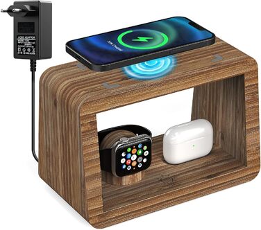Багатофункціональна заряджна станція 5-в-1 з бездротовим зарядним пристроєм, світлодіодним нічником та годинником, бамбукова, сумісна з Apple Watch, AirPods, Samsung Galaxy та іншими пристроями