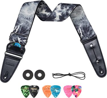 Гітарний ремінь LEKATO, смугастий, 6.7 см, з регулюванням, з шкіри, з кишенькою для медіатора та 6 медіаторів/фіксаторами ремінця - для бас-гітари, електро- та акустичної гітари (Колір: Nebel)