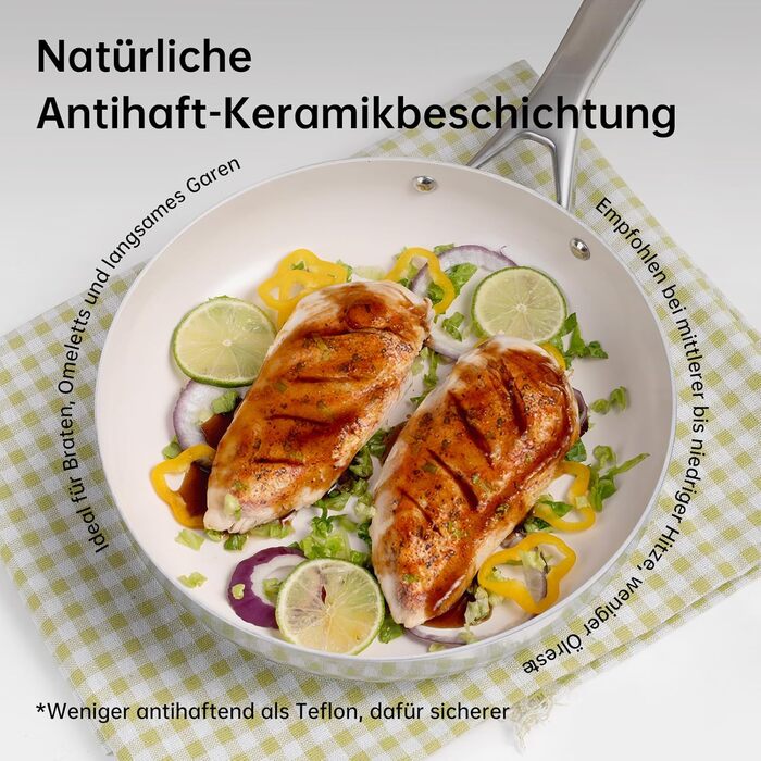 Набір сковорідок з керамічним антипригарним покриттям Tjean (без PTFE, PFOA, PFAS) з нержавіючою ручкою, підходить для індукційних, газових, електричних плит та духовки до 280°C (кремовий, 20+24+28 см)