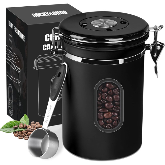 Контейнер для кави Rocky & Chao 1.8L з нержавіючої сталі, герметичний, для кавових зерен, чаю, горіхів, какао (Чорний)