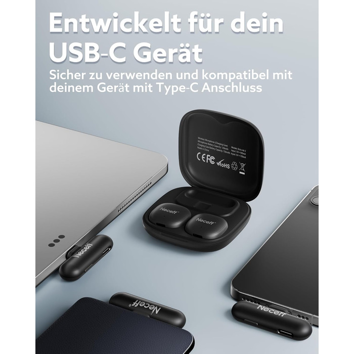 Бездротовий петличний мікрофон USB-C для iPhone 15/16/17 та Android смартфонів: 48kHz/24Bit, Plug-and-Play, 32 години роботи, шумозаглушення, чорний