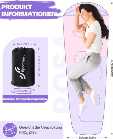 Сплячий мішок Sportneer - компактний та ультралегкий (950г/1500г) - кокон для кемпінгу, подорожей та відпочинку на природі. Підходить для чоловіків, жінок та дорослих (Рожевий, літній)