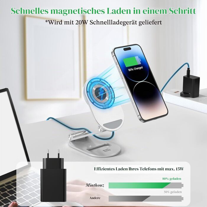 Магнітна бездротова зарядна станція Minthouz 20W USB-C: регульована підставка з алюмінію для iPhone 16, 15, 14, 13, 12 та AirPods Pro
